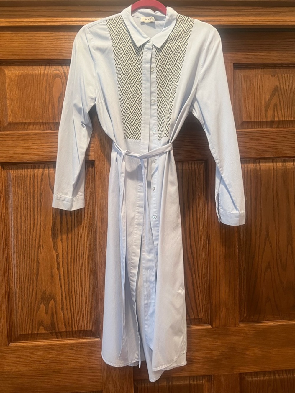 Light Blue Shirt Dress with Chevron Bib and Tie Waist
